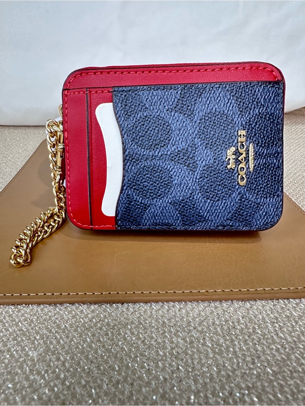 Coach Zip Card Case in Signature Canvas Denim Bold Red and Gold Chain CW883